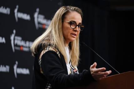 Sep 11, 2022; Las Vegas, Nevada, USA; Las Vegas Aces head coach Becky Hammon answers questions to the media prior to game one of the 2022 WNBA Finals at Michelob Ultra Arena. Mandatory Credit: Lucas Peltier-USA TODAY Sports