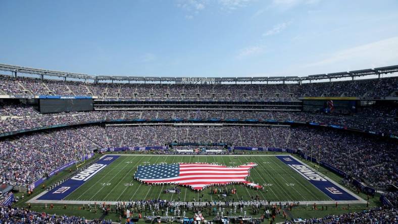 Sep 18, 2022; East Rutherford, New Jersey, USA; General view of the national anthem before a game between the New York Giants and the Carolina Panthers at MetLife Stadium. Mandatory Credit: Brad Penner-USA TODAY Sports