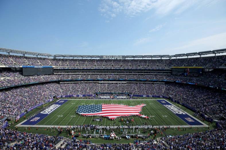 Sep 18, 2022; East Rutherford, New Jersey, USA; General view of the national anthem before a game between the New York Giants and the Carolina Panthers at MetLife Stadium. Mandatory Credit: Brad Penner-USA TODAY Sports