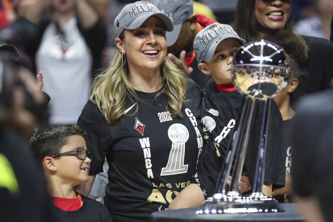 Sep 18, 2022; Uncasville, Connecticut, USA; Las Vegas Aces head coach Becky Hammon celebrates after winning the WNBA Championship in game four of the 2022 WNBA Finals against the Connecticut Sun at Mohegan Sun Arena. Mandatory Credit: Wendell Cruz-USA TODAY Sports