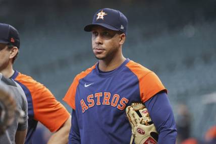 Oct 1, 2022; Houston, Texas, USA; Houston Astros outfielder Michael Brantley watches during batting practice before the game against the Tampa Bay Rays at Minute Maid Park. Mandatory Credit: Troy Taormina-USA TODAY Sports