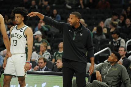 Oct 1, 2022; Milwaukee, Wisconsin, USA; Milwaukee Bucks associate head coach Charles Lee gives direction against the Memphis Grizzlies at Fiserv Forum. Mandatory Credit: Michael McLoone-USA TODAY Sports