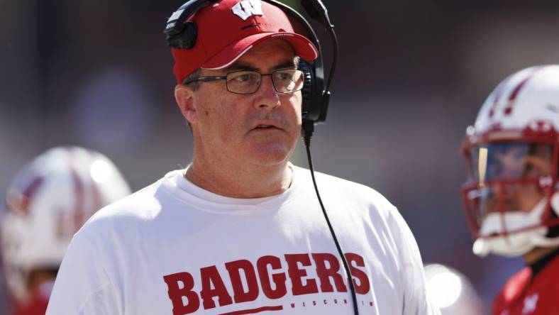 Oct 1, 2022; Madison, Wisconsin, USA;  Wisconsin Badgers head coach Paul Chryst during the game against the Illinois Fighting Illini at Camp Randall Stadium. Mandatory Credit: Jeff Hanisch-USA TODAY Sports