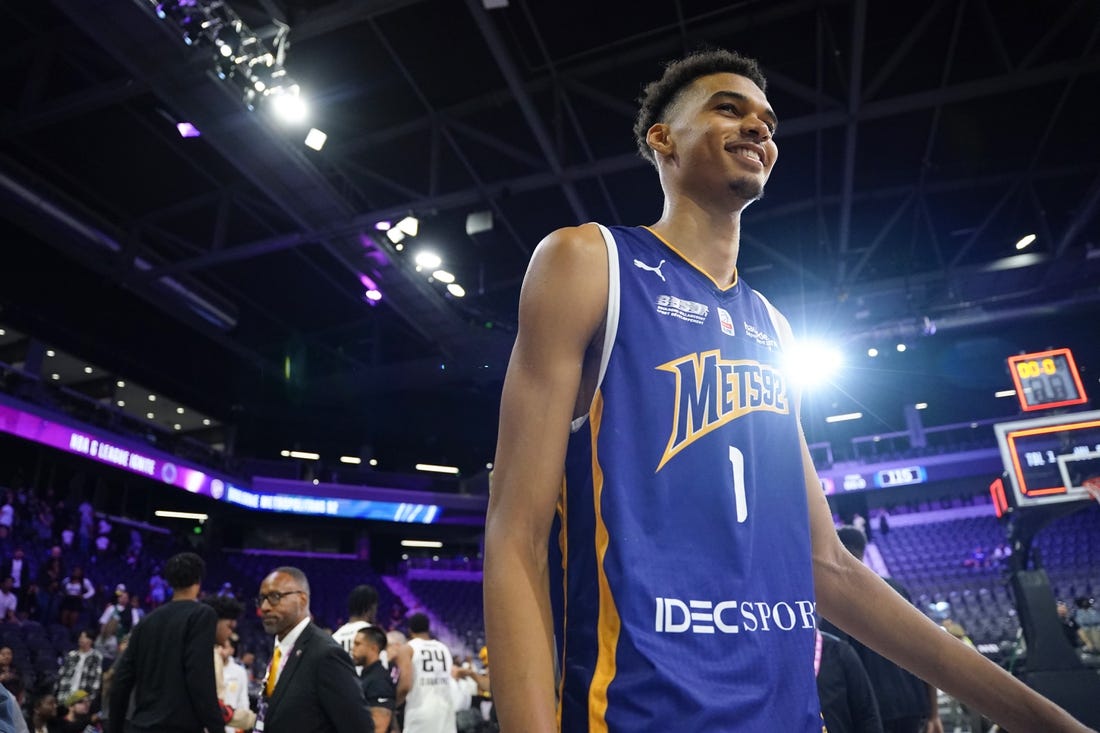 Oct 4, 2022; Henderson, NV, USA; Boulogne-Levallois Metropolitans 92 forward Victor Wembanyama (1) smiles after the game against the NBA G League Ignite at The Dollar Loan Center. Mandatory Credit: Lucas Peltier-USA TODAY Sports