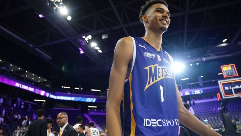 Oct 4, 2022; Henderson, NV, USA; Boulogne-Levallois Metropolitans 92 forward Victor Wembanyama (1) smiles after the game against the NBA G League Ignite at The Dollar Loan Center. Mandatory Credit: Lucas Peltier-USA TODAY Sports