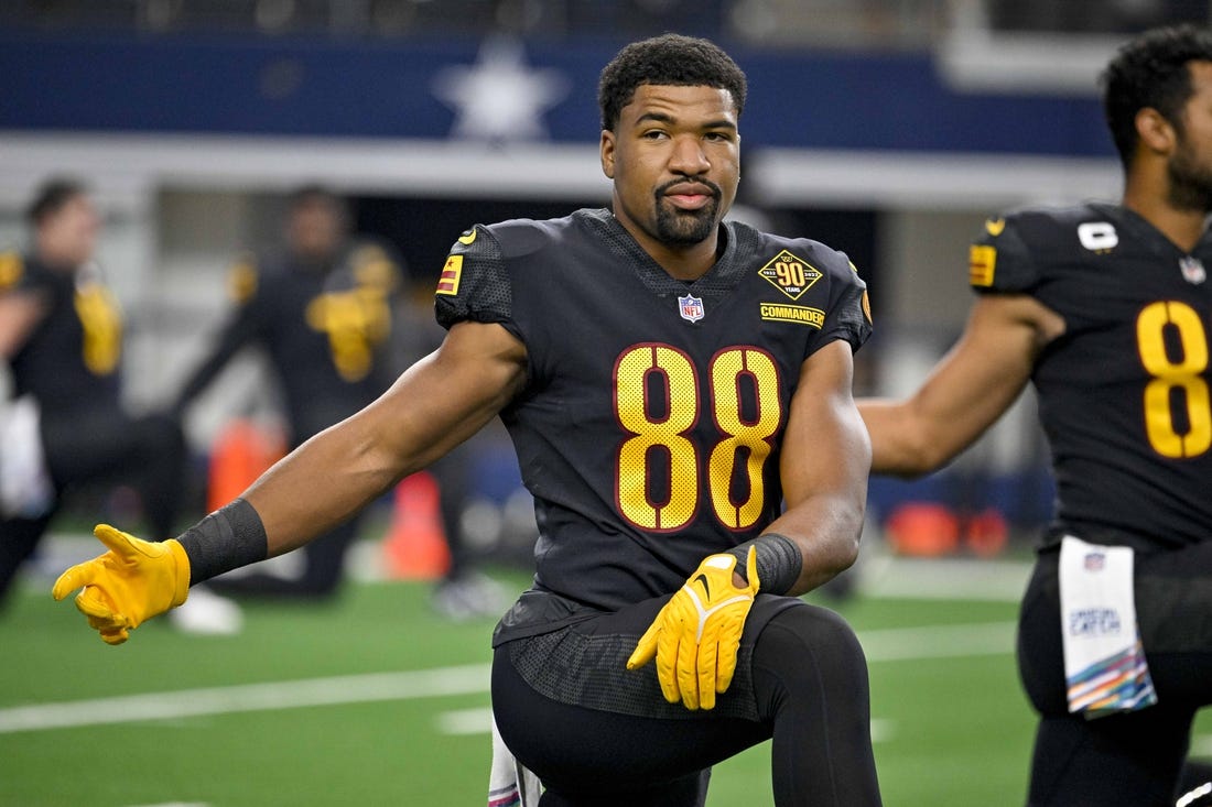 Oct 2, 2022; Arlington, Texas, USA; Washington Commanders tight end Armani Rogers (88) warms up before the game between the Dallas Cowboys and the Washington Commanders AT&T Stadium. Mandatory Credit: Jerome Miron-USA TODAY Sports