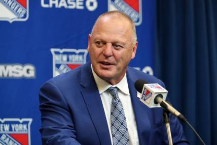 Oct 11, 2022; New York, New York, USA; New York Rangers head coach Gerard Gallant speaks to reporters after a season-opening 3-1 win against the Tampa Bay Lightning at Madison Square Garden. Mandatory Credit: Danny Wild-USA TODAY Sports
