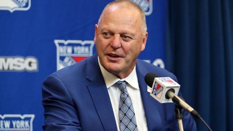 Oct 11, 2022; New York, New York, USA; New York Rangers head coach Gerard Gallant speaks to reporters after a season-opening 3-1 win against the Tampa Bay Lightning at Madison Square Garden. Mandatory Credit: Danny Wild-USA TODAY Sports