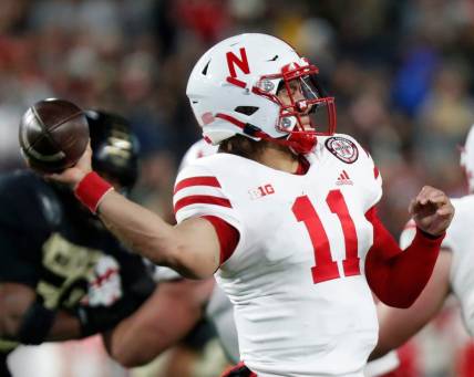 Nebraska Cornhuskers quarterback Casey Thompson (11) throws the ball during the NCAA football game against the Purdue Boilermakers, Saturday, Oct. 15, 2022, at Ross-Ade Stadium in West Lafayette, Ind. Purdue won 43-37.

Purduenebraskafb101522 Am18494