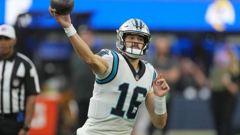 Oct 16, 2022; Inglewood, California, USA; Carolina Panthers quarterback Jacob Eason (16) throws the ball in the fourth quarter against the Los Angeles Rams at SoFi Stadium. Mandatory Credit: Kirby Lee-USA TODAY Sports