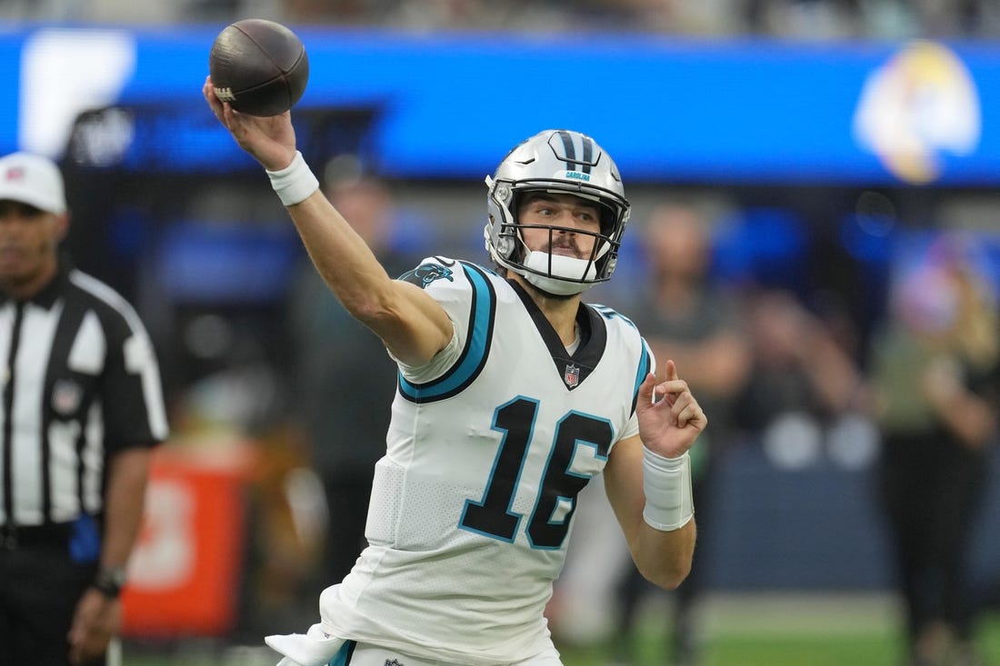 Oct 16, 2022; Inglewood, California, USA; Carolina Panthers quarterback Jacob Eason (16) throws the ball in the fourth quarter against the Los Angeles Rams at SoFi Stadium. Mandatory Credit: Kirby Lee-USA TODAY Sports