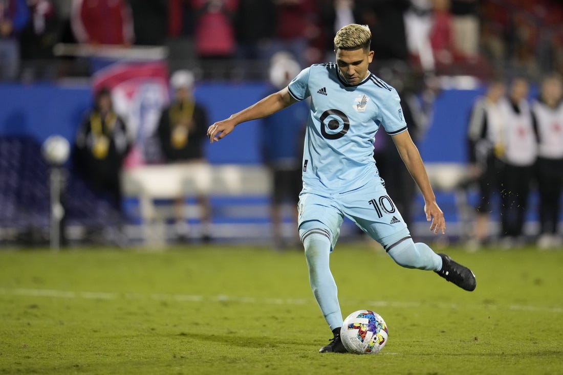 Oct 17, 2022; Frisco, Texas, US; Minnesota United midfielder Emanuel Reynoso (10) takes a penalty kick during the penalty shootout against the FC Dallas at Toyota Stadium. Mandatory Credit: Chris Jones-USA TODAY Sports