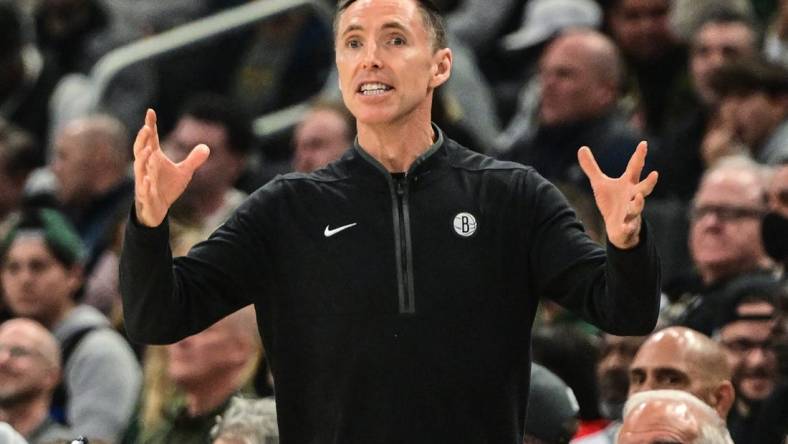 Oct 26, 2022; Milwaukee, Wisconsin, USA; Brooklyn Nets head coach Steve Nash calls a play in the second quarter during game against the Milwaukee Bucks at Fiserv Forum. Mandatory Credit: Benny Sieu-USA TODAY Sports