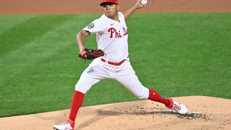 Nov 1, 2022; Philadelphia, PA, USA; Philadelphia Phillies starting pitcher Ranger Suarez (55) pitches against the Houston Astros in the first inning during game three of the 2022 World Series at Citizens Bank Park. Mandatory Credit: Kyle Ross-USA TODAY Sports