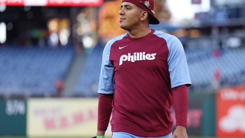 Nov 3, 2022; Philadelphia, Pennsylvania, USA; Philadelphia Phillies starting pitcher Ranger Suarez (55) looks on before game five of the 2022 World Series against the Houston Astros at Citizens Bank Park. Mandatory Credit: Bill Streicher-USA TODAY Sports