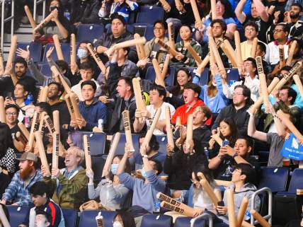 Nov 5, 2022; San Francisco, California, USA; Fans wave thunder sticks before the League of Legends World Championship at Chase Center. Mandatory Credit: Kelley L Cox-USA TODAY Sports