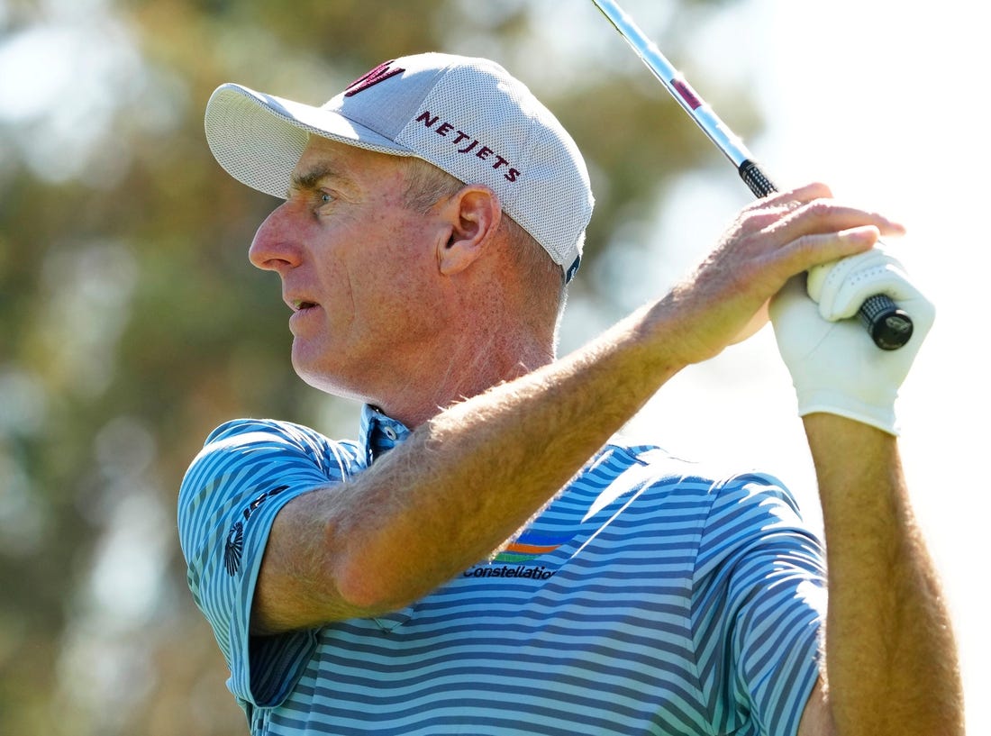 Nov 10, 2022; Phoenix, AZ, USA; Jim Furyk plays his tee shot on the eighth hole during round one of the Charles Schwab Cup at Phoenix Country Club. Mandatory Credit: Rob Schumacher-Arizona Republic

Golf Charles Schwab Cup Round 1