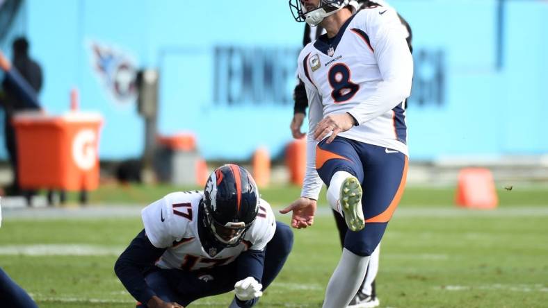 Nov 13, 2022; Nashville, Tennessee, USA; Denver Broncos place kicker Brandon McManus (8) kicks a field goal during the first half against the Tennessee Titans at Nissan Stadium. Mandatory Credit: Christopher Hanewinckel-USA TODAY Sports