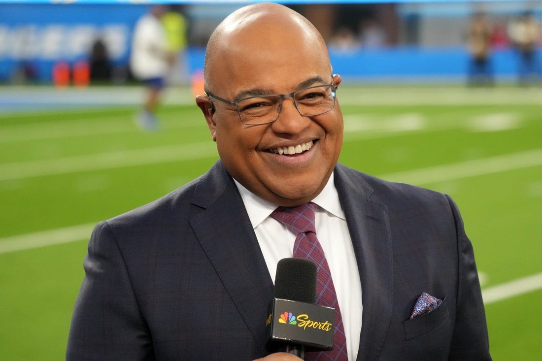 Nov 20, 2022; Inglewood, California, USA; NBC Sunday Night Football broadcaster Mike Tirico reacts during the game between the Los Angeles Chargers and the Kansas City Chiefs at SoFi Stadium. Mandatory Credit: Kirby Lee-USA TODAY Sports