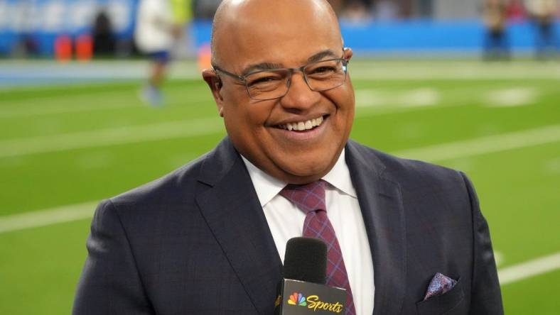 Nov 20, 2022; Inglewood, California, USA; NBC Sunday Night Football broadcaster Mike Tirico reacts during the game between the Los Angeles Chargers and the Kansas City Chiefs at SoFi Stadium. Mandatory Credit: Kirby Lee-USA TODAY Sports