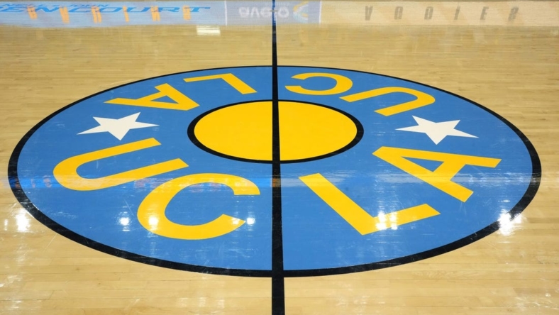 Dec 21, 2022; Los Angeles, California, USA; The UCLA Bruins logo at center court at Pauley Pavilion presented by Wescom. Mandatory Credit: Kirby Lee-USA TODAY Sports