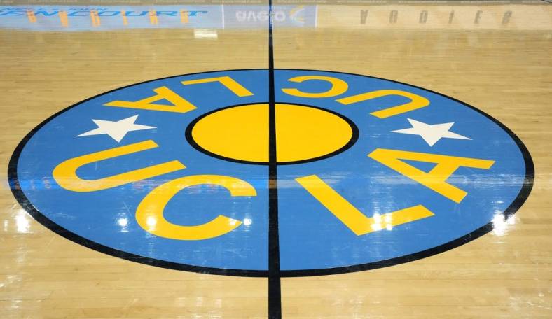 Dec 21, 2022; Los Angeles, California, USA; The UCLA Bruins logo at center court at Pauley Pavilion presented by Wescom. Mandatory Credit: Kirby Lee-USA TODAY Sports