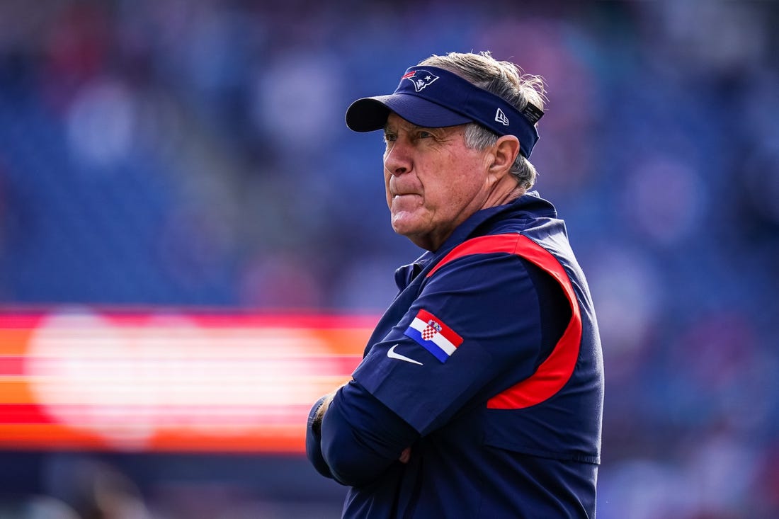 Jan 1, 2023; Foxborough, Massachusetts, USA; New England Patriots head coach Bill Belichick on the field for warm ups before the start of the game against the Miami Dolphins at Gillette Stadium. Mandatory Credit: David Butler II-USA TODAY Sports