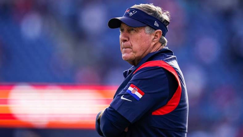 Jan 1, 2023; Foxborough, Massachusetts, USA; New England Patriots head coach Bill Belichick on the field for warm ups before the start of the game against the Miami Dolphins at Gillette Stadium. Mandatory Credit: David Butler II-USA TODAY Sports