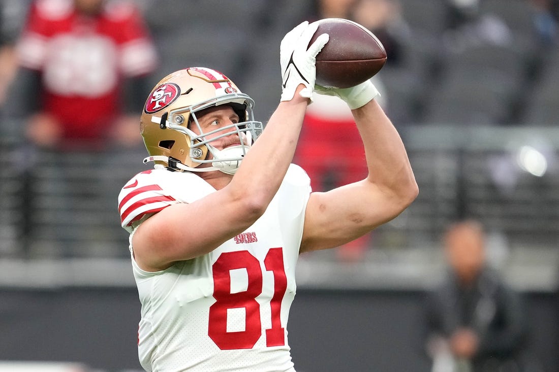 Jan 1, 2023; Paradise, Nevada, USA; San Francisco 49ers tight end Tyler Kroft (81) warms up before a game against the Las Vegas Raiders at Allegiant Stadium. Mandatory Credit: Stephen R. Sylvanie-USA TODAY Sports