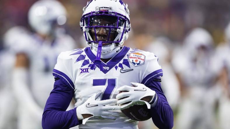 Dec 31, 2022; Glendale, Arizona, USA; TCU Horned Frogs wide receiver Jordan Hudson (7) against the Michigan Wolverines during the 2022 Fiesta Bowl at State Farm Stadium. Mandatory Credit: Mark J. Rebilas-USA TODAY Sports