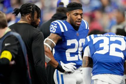 Indianapolis Colts safety Rodney McLeod Jr. (26) stands on the sideline Sunday, Jan. 8, 2023, during a game against the Houston Texans at Lucas Oil Stadium in Indianapolis.
