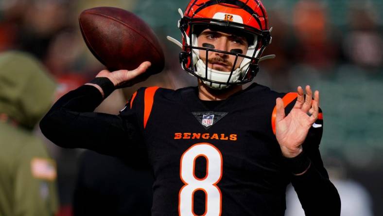 Cincinnati Bengals quarterback Brandon Allen (8) warms up before the first quarter of the NFL Week 18 game between the Cincinnati Bengals and the Baltimore Ravens at Paycor Stadium in downtown Cincinnati on Sunday, Jan. 8, 2023.

Baltimore Ravens At Cincinnati Bengals Nfl Week 18