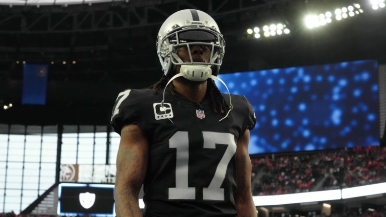 Jan 7, 2023; Paradise, Nevada, USA; Las Vegas Raiders receiver Davante Adams (17) reacts during the game against the Kansas City Chiefs at Allegiant Stadium. Mandatory Credit: Kirby Lee-USA TODAY Sports