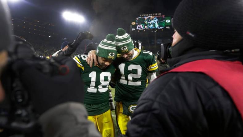 Green Bay Packers wide receiver Randall Cobb (18) and quarterback Aaron Rodgers (12) leave the field together after losing to the Detroit Lions Sunday, January 8, 2023, at Lambeau Field in Green Bay, Wis. Dan Powers/USA TODAY NETWORK-Wisconsin

Apc Packvsdetroit 0108232307djpb