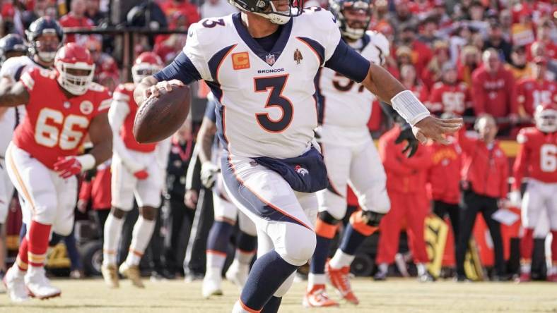 Jan 1, 2023; Kansas City, Missouri, USA; Denver Broncos quarterback Russell Wilson (3) throws a pass against the Kansas City Chiefs during a game at GEHA Field at Arrowhead Stadium. Mandatory Credit: Denny Medley-USA TODAY Sports