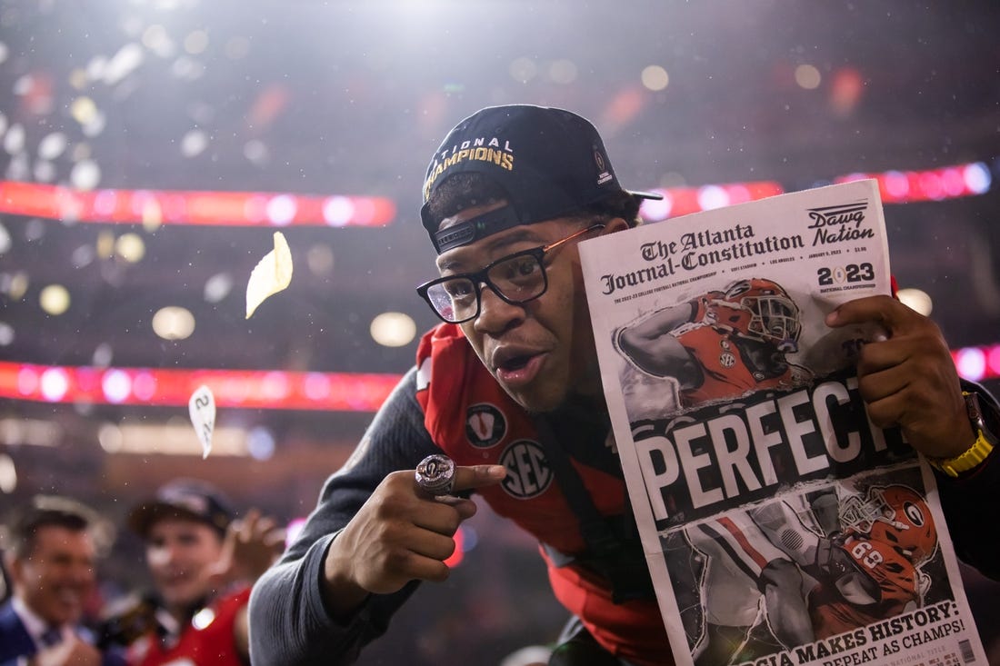 Jan 9, 2023; Inglewood, CA, USA; Georgia Bulldogs linebacker Nolan Smith (4) celebrates after defeating the TCU Horned Frogs during the CFP national championship game at SoFi Stadium. Mandatory Credit: Mark J. Rebilas-USA TODAY Sports