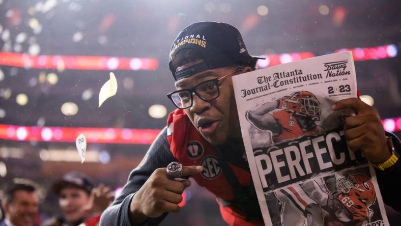 Jan 9, 2023; Inglewood, CA, USA; Georgia Bulldogs linebacker Nolan Smith (4) celebrates after defeating the TCU Horned Frogs during the CFP national championship game at SoFi Stadium. Mandatory Credit: Mark J. Rebilas-USA TODAY Sports