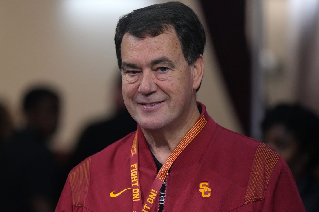 January 14, 2023; Los Angeles, California, USA; Southern California Trojans athletic director Mike Bohn reacts in the second half against the Utah Utes at Galen Center. Mandatory Credit: Kirby Lee-USA TODAY Sports