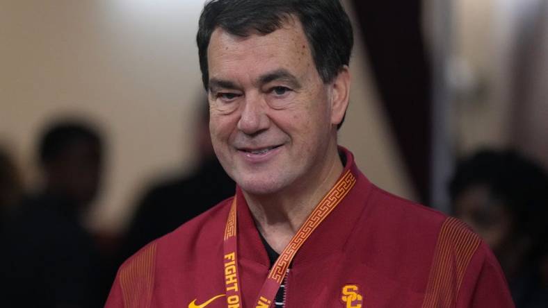 January 14, 2023; Los Angeles, California, USA; Southern California Trojans athletic director Mike Bohn reacts in the second half against the Utah Utes at Galen Center. Mandatory Credit: Kirby Lee-USA TODAY Sports