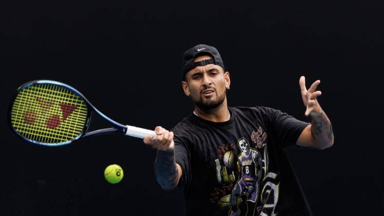 Jan 15, 2023; Melbourne, Victoria, Australia; Nick Kyrgios of Australia hits a shot during a practice session on court 16 at Melbourne Park. Mandatory Credit: Mike Frey-USA TODAY Sports