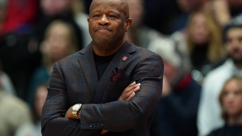 Jan 15, 2023; Hartford, Connecticut, USA; St. John's Red Storm head coach Mike Anderson watches from the sideline last they take the UConn Huskies at XL Center. Mandatory Credit: David Butler II-USA TODAY Sports