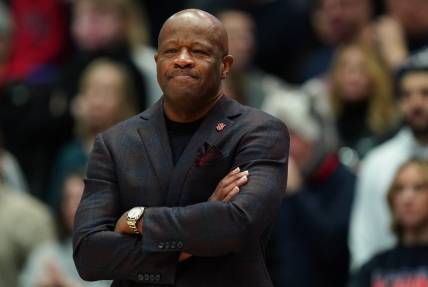 Jan 15, 2023; Hartford, Connecticut, USA; St. John's Red Storm head coach Mike Anderson watches from the sideline last they take the UConn Huskies at XL Center. Mandatory Credit: David Butler II-USA TODAY Sports