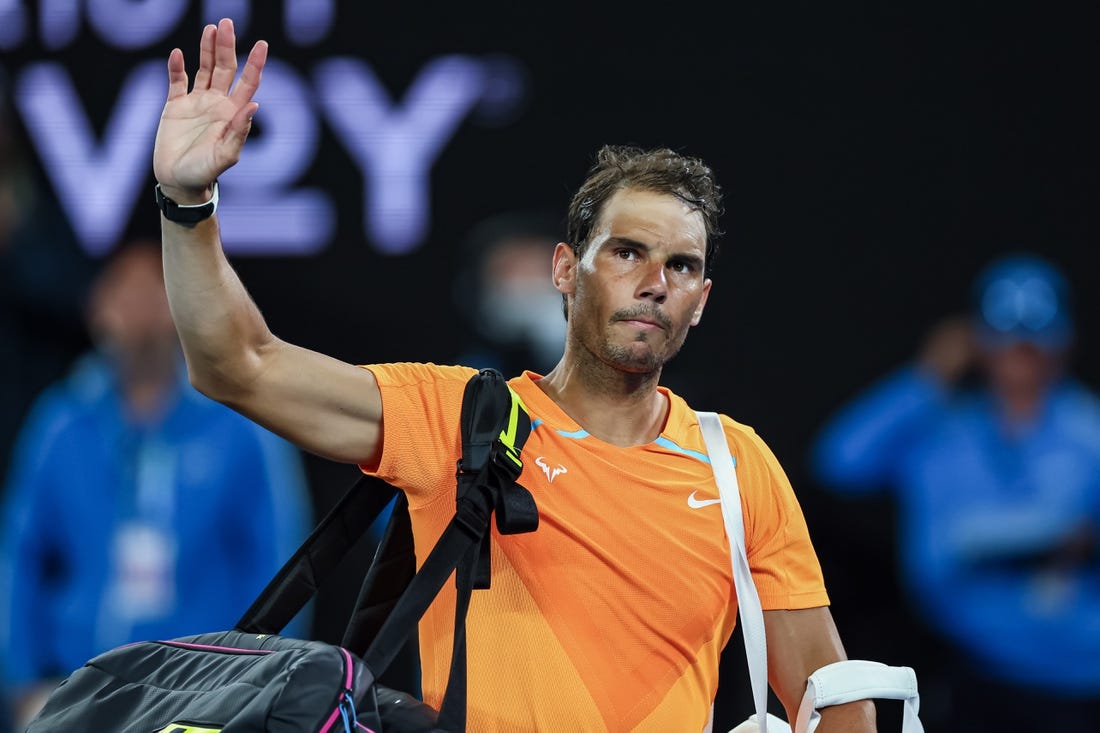 Jan 18, 2023; Melbourne, VICTORIA, Australia; Rafael Nadal after his second round match against Mackenzie Mcdonald on day three of the 2023 Australian Open tennis tournament at Melbourne Park. Mandatory Credit: Mike Frey-USA TODAY Sports