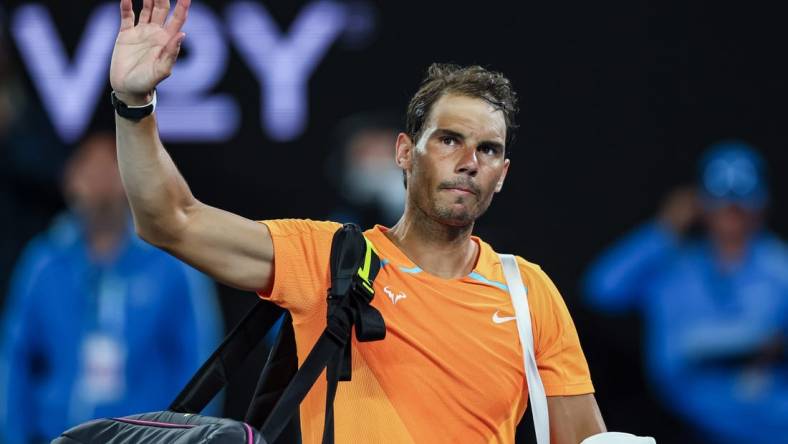 Jan 18, 2023; Melbourne, VICTORIA, Australia; Rafael Nadal after his second round match against Mackenzie Mcdonald on day three of the 2023 Australian Open tennis tournament at Melbourne Park. Mandatory Credit: Mike Frey-USA TODAY Sports