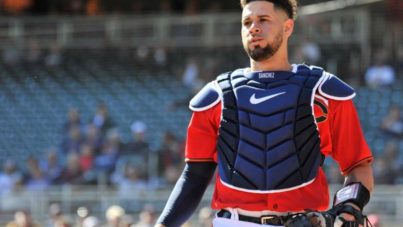 Sep 29, 2022; Minneapolis, Minnesota, USA; Minnesota Twins catcher Gary Sanchez (24) in action against the Chicago White Sox at Target Field. Mandatory Credit: Jeffrey Becker-USA TODAY Sports