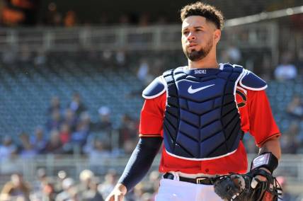 Sep 29, 2022; Minneapolis, Minnesota, USA; Minnesota Twins catcher Gary Sanchez (24) in action against the Chicago White Sox at Target Field. Mandatory Credit: Jeffrey Becker-USA TODAY Sports