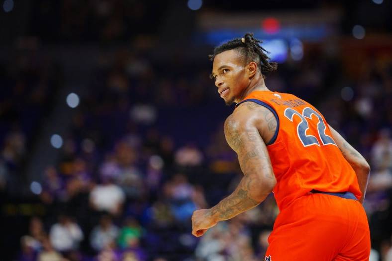 Jan 18, 2023; Baton Rouge, Louisiana, USA; Auburn Tigers guard Allen Flanigan (22) reacts to a play against the LSU Tigers during the second half at Pete Maravich Assembly Center. Mandatory Credit: Andrew Wevers-USA TODAY Sports