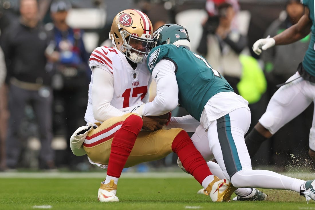 Jan 29, 2023; Philadelphia, Pennsylvania, USA; Philadelphia Eagles linebacker Haason Reddick (7) sacks San Francisco 49ers quarterback Josh Johnson (17) during the first quarter in the NFC Championship game at Lincoln Financial Field. Mandatory Credit: Bill Streicher-USA TODAY Sports