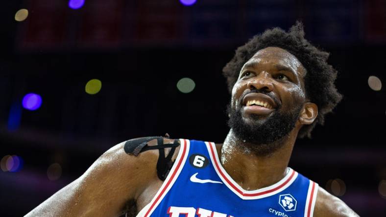 Feb 1, 2023; Philadelphia, Pennsylvania, USA; Philadelphia 76ers center Joel Embiid (21) smiles after a victory against the Orlando Magic at Wells Fargo Center. Mandatory Credit: Bill Streicher-USA TODAY Sports