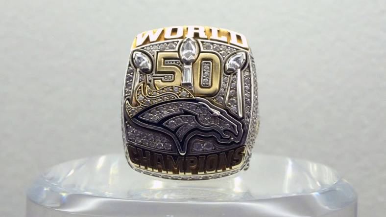 Feb 11, 2023; Phoenix, AZ, USA; The Super Bowl 50 ring to commemorate the Denver Broncos 24-10 victory over the Carolina Panthers in Super Bowl 50 at Levi's Stadium in Santa Clara, Calif. Feb. 7, 2016. Mandatory Credit: Kirby Lee-USA TODAY Sports